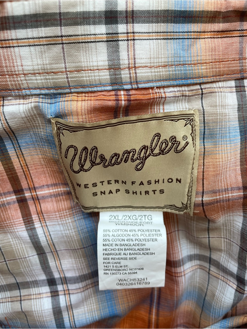 Wrangler Western Plaid Pearl Snap Short Sleeve Shirt Orange Blue Men’s 2XL - Picture 5 of 5